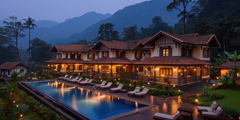 Fototapeta premium A picturesque evening view of a luxurious resort nestled amidst lush greenery and serene mountains, showcasing an inviting swimming pool and elegant architecture