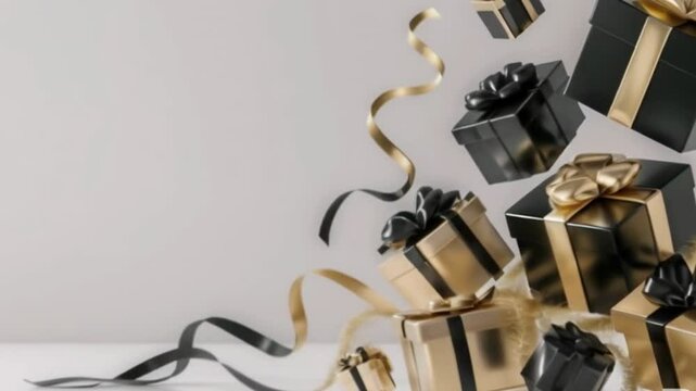 Animated video of holiday black and gold gift boxes adorned with gold ribbon, placed on light background copyspace. 