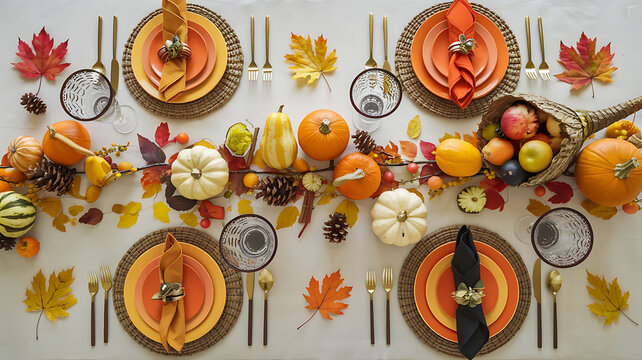Autumnal table setting with orange and white pumpkins, perfect for Thanksgiving dinner. 
