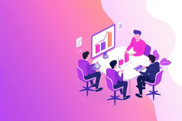 Team collaborating at a meeting table with charts and graphs on display.