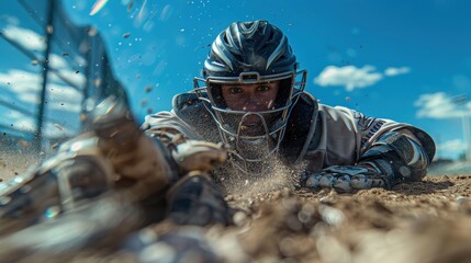 A dynamic action shot capturing a baseball player diving headfirst into the dirt, eyes focused, and determination visible behind protective gear on a sunny day