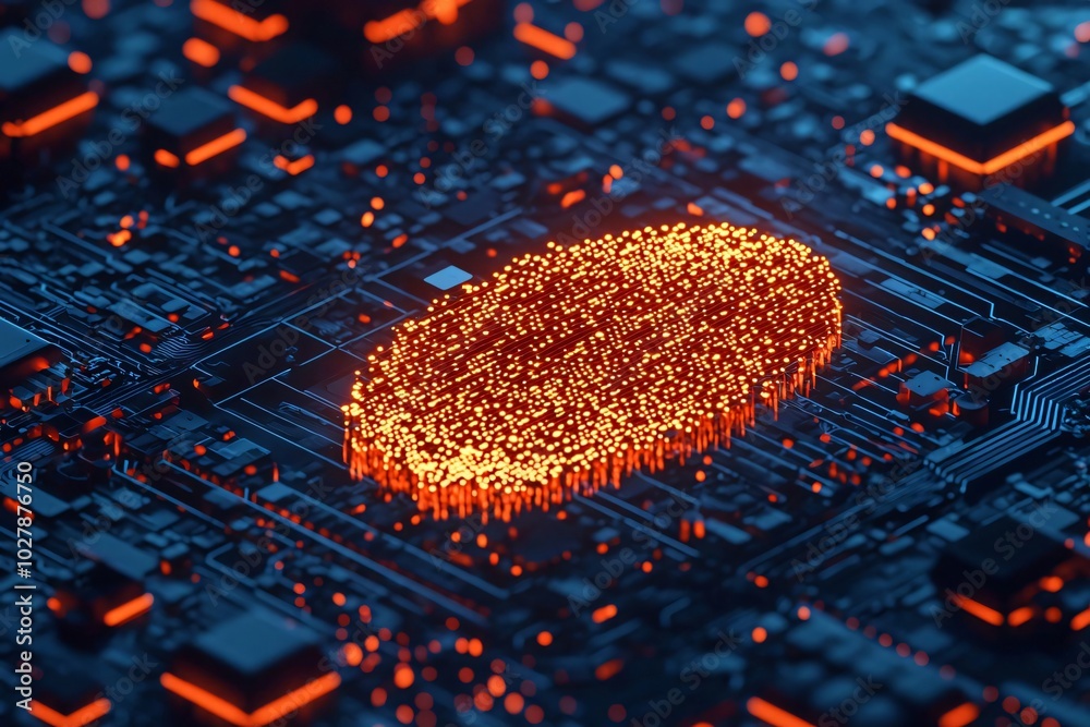 Poster abstract representation of digital technology with glowing circuits and particles, emphasizing conne