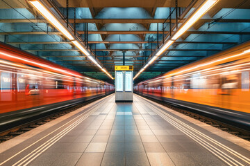 A fast-moving subway train blurs through an underground station, with vibrant colors and motion, depicting the rush of urban transport.