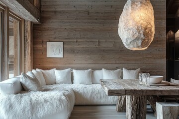 Contemporary chic living space with oak walls, a plush white sofa, and a wooden table under a stylish stone hanging lamp
