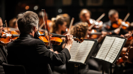 A grand orchestra performs on a classic stage. The conductor leads the musicians, who play violins, cellos, and trumpets during a beautiful concert.
