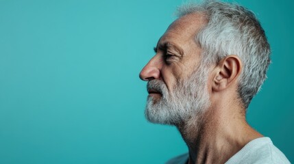 Elderly man with a white beard and closed eyes, facing sideways, against a bright blue background, conveying serenity and contemplation in a minimalist style.