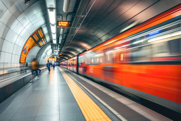 A fast-moving subway train blurs through an underground station, with vibrant colors and motion, depicting the rush of urban transport.