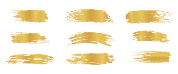 Gold brush strokes. Shiny paint spots. Bright festive highlight. Foil stripe.
