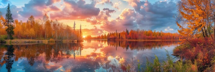 Naklejka premium The sky bursts with vibrant autumn colors as the sun sets, casting reflections on the calm lake surrounded by trees. Generative AI
