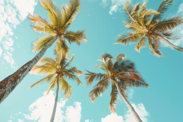 A scenic view of tall palm trees against a bright blue sky dotted with fluffy white clouds, creating a tropical and serene atmosphere.