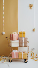 Gold cart with pink and yellow gifts, festive Christmas celebration. 
