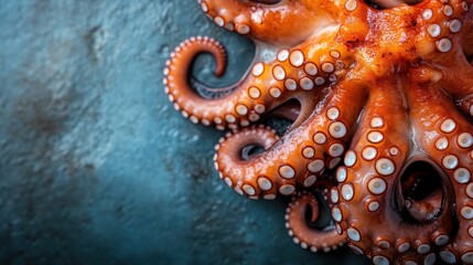 This image captures the intricate details of octopus tentacles, showcasing the suction cups and vibrant colors against a textured blue background.