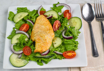 chicken breast   served on a garden salad
