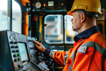 A train operator focuses on managing the control panel inside a locomotive cabin, overseeing the technical systems during operation.