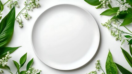 Blank Round Plate Mockup: A round, flat, blank plate standing on a neutral surface. The plate’s outer rim is decorated with a ring of lily of the valley flowers.