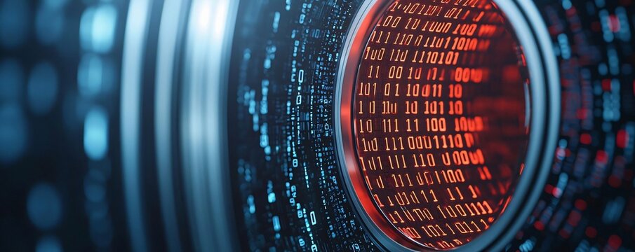 Close-up view of a camera lens displaying digital data streams and binary code, representing technology and innovation.