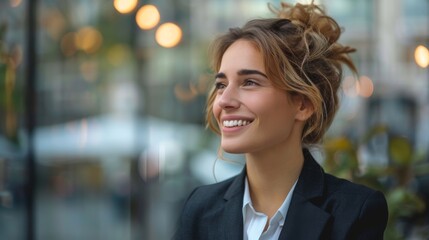 Fototapeta premium Businesswoman in formal suit, smiling confidently while looking to the side, standing in a modern outdoor setting