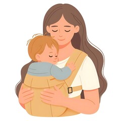 Flat style illustration of a baby nestled in a carrier on mom’s chest. Perfect for family and parenting-related designs. Warm and nurturing composition, ideal for showcasing mother-child bonding and