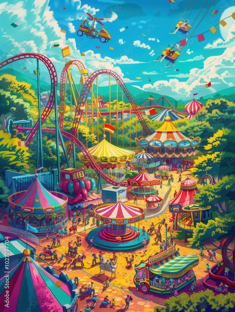 Aufkleber visitors experience excitement at an amusement park, riding carousels and roller coasters amid color