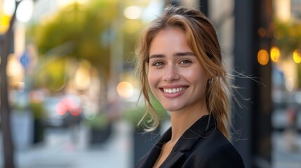 Obraz premium Businesswoman in formal suit, smiling confidently while looking to the side, standing in a modern outdoor setting