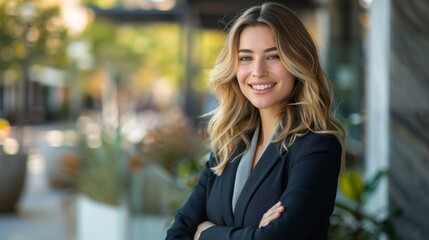 Fototapeta premium Businesswoman in formal suit, smiling confidently while looking to the side, standing in a modern outdoor setting