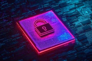 Digital padlock on a glowing interface symbolizes cybersecurity and protection in a vibrant, high-tech environment.
