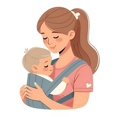 Flat style illustration of a baby nestled in a carrier on mom’s chest. Perfect for family and parenting-related designs. Warm and nurturing composition, ideal for showcasing mother-child bonding and