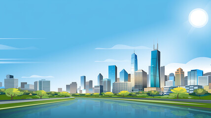 Obraz premium Blue skyscrapers and green trees, a modern city skyline with a river, perfect for urban design and real estate projects. 