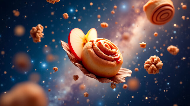 A whimsical display features cinnamon rolls and apple slices floating in a vibrant cosmic space, surrounded by stars and celestial elements