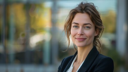 Businesswoman in formal suit, smiling confidently while looking to the side, standing in a modern outdoor setting