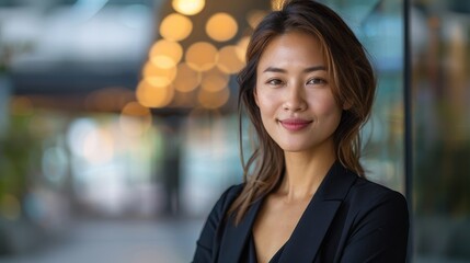 Fototapeta premium Businesswoman in formal suit, smiling confidently while looking to the side, standing in a modern outdoor setting