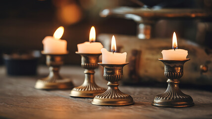 Warm white candles in gold candle holders on a wooden table, rustic, cozy, and romantic, perfect for a winter holiday. 
