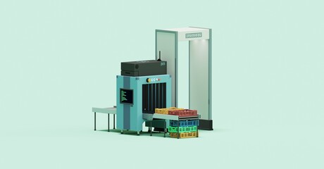 Airport X-ray safety passenger luggage scanner with a security frame gate near it. 3D Illustration.