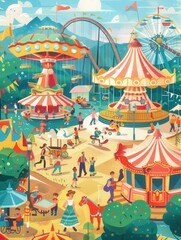 Families and friends explore a lively amusement park, filled with thrilling rides, colorful stalls, and delighted visitors on a bright day. Generative AI