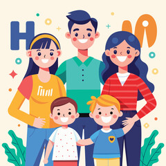 Character happy family greeting say Hi Hello