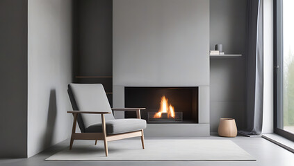 Fototapeta premium gray chair fireplace concrete wall shelves scandinavian home interior design modern living room