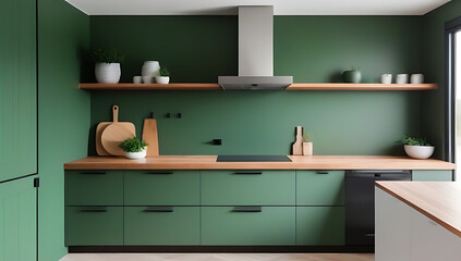 green cabinets wooden countertop shelf green wall farmhouse interior design kitchen