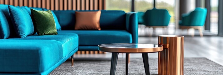 interior design photography, living room open area turquoise with copper fixtures, -