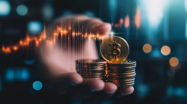 A hand holds a coin with arrows pointing left and right, representing financial services like bank transfers, currency exchange, investments, and earning money.