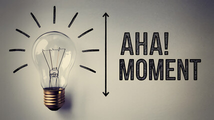 Light bulb and text AHA! MOMENT, gold and black, minimalistic style, concept of inspiration and discovery, feeling of excitement and success. 
