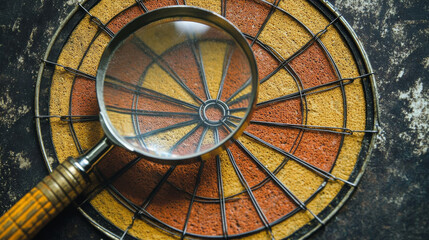 Fototapeta premium A magnifying glass zooms in on a dartboard, symbolizing a business plan. This represents a clear focus on business strategy and action plans to achieve goals and success.