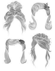set of long female hair.black pencil drawing sketch .
women fashion beauty style. Elegant hairstyle with decorations.