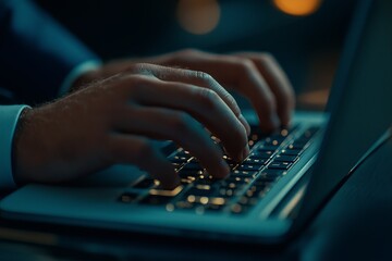 Close-up of hands typing on a laptop keyboard in low light, representing focus, technology, and nighttime productivity