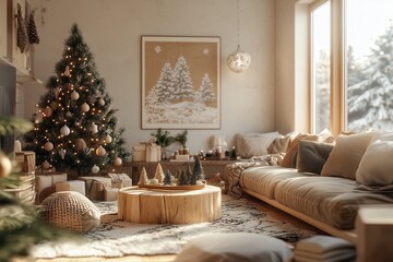 A Scandinavian-inspired Christmas living room with a eco-friendly ornaments, furnitures and other stuff
