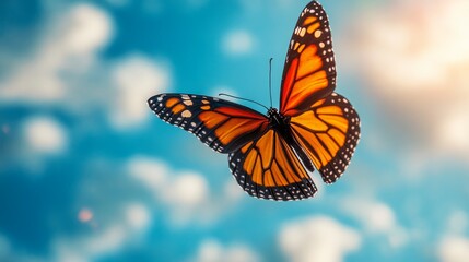 Fototapeta premium A vibrant butterfly in flight against a bright blue sky.