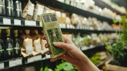 Eco-friendly shopping experience in organic grocery store with fresh herbs and sustainable packaging
