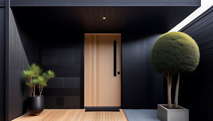 main entrance door japanese minimalist style exterior villa forest black tiled walls timber wood lining front door