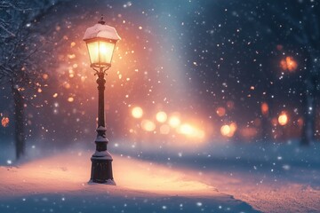 A minimalist scene of a snowy street with a single lamp post illuminating a gentle snowfall, the background blurred to create a dreamy effect