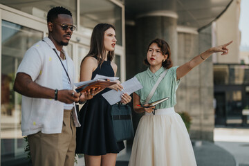 Multicultural startup business team engaging in a discussion during an outdoor meeting in an urban city area. They are focused and collaborative.