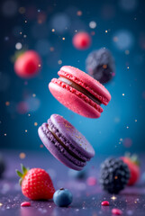 Two delicate macarons, one pink and one purple, levitate amidst a backdrop of sparkling and colorful berries, creating an enchanting dessert display